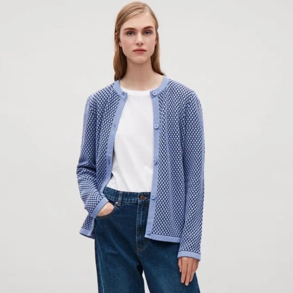 COS Blue Textured Jacquard Button Up 100% Cotton Cardigan - Picture 2 of 11